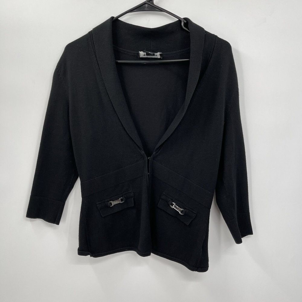 White House Black Market S Cardigan Womens Black Shawl Collar 3/4 Sleeve Ribbed